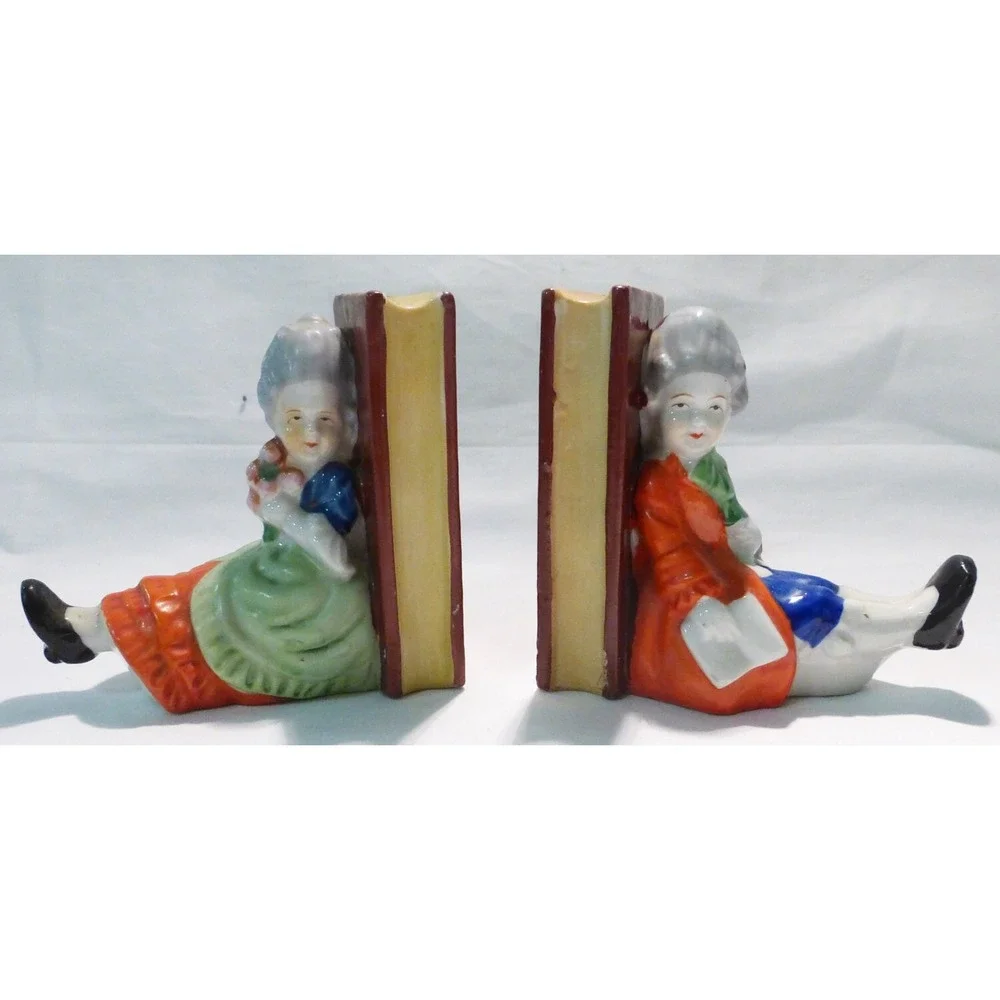Vtg Book end ceramic japan man woman hand painted 1960 mid century